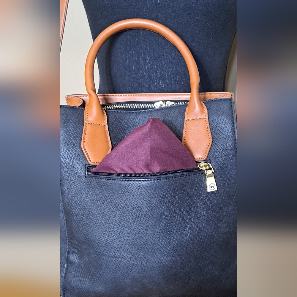 Adrienne Vittadini | Large Black/Brown Faux Leather Dome Satchel Crossbody Bag - Picture 6 of 16